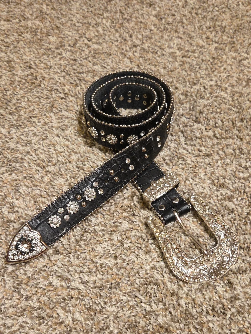 Black Western Belt with Rhinestone Floral Details and Silver Buckle